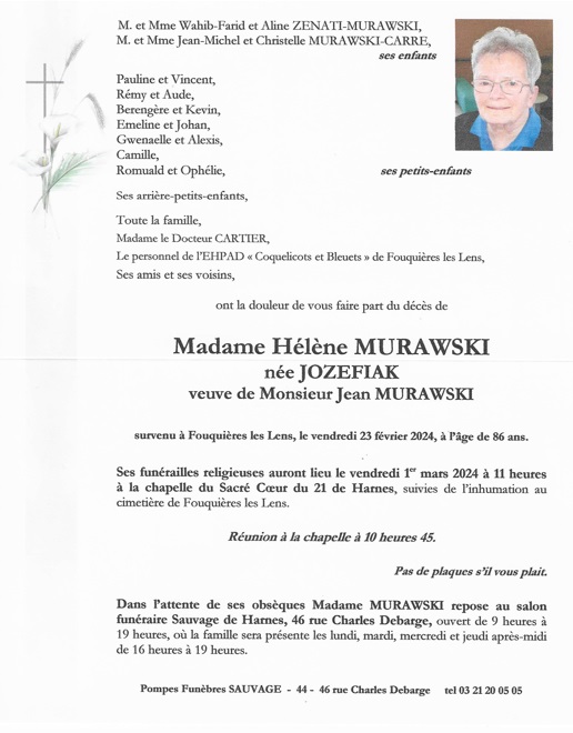 Madame Hélène MURAWSKI née JOZEFIAK Sauvage